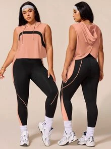 SHEIN Rhythm Era 女款運動瑜伽戶外健身訓練套裝，抽繩連帽無袖寬鬆運動衫，胸前弧形對比色設計，線條與色塊對比緊身褲 - 彩色 - 查看 2