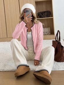CovetEZ Women's Colorblock Casual Versatile Daily Outing Cardigan - Baby Pink - View 3