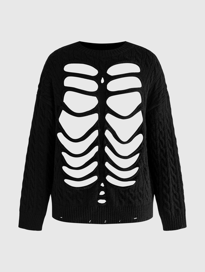 Grunge Punk Pull femme ample en maille torsadée texturée avec motif graphique d'os creux style punk