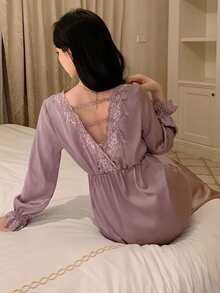 DAZY Women's Lace Patchwork V-Neck Cinched Waist Long Dress Nightgown - Purple - View 2