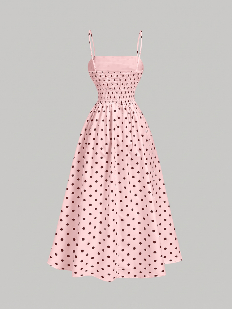 SHEIN MOD Vintage French Classic Ruched White And Black Polka Dot Spaghetti Strap Midi Dress Vacation Summer - Baby Pink - View 2