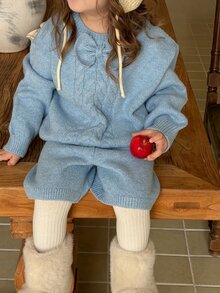 DAZY Baby Girl Bow Decor Long Sleeve Cable Knit Sweater And Knitted Shorts Casual Set - Blue - View 7