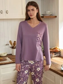 Doze Lane Comfortable V-Neck Printed Pocket Long Sleeve Pajama Set, Casual Home 2 Pieces Set - Purple - View 5