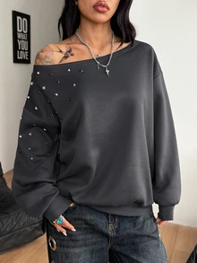 Coolane 女款秋冬電音節穿搭街頭風 性感 Y2K 時尚 復古龐克哥德風 奢華保暖 閃亮鉚釘灰色露肩衛衣 - 灰色 - 查看 3