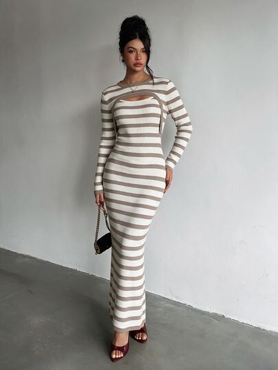 SHEIN Glamour Conjunto de vestido a rayas y top de manga larga de punto para mujer