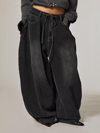 COUREZ Jeans holgados tipo globo con detalle de costuras en lavado enjuagado / Pantalones vaqueros Y2K para mujer Ropa de otoño para mujer Atuendos de otoño para mujer Ropa de otoño para mujer
