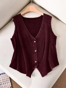 Story & Sage Casual Vacation Women's Fitted Vest Tank Top, Spring/Summer, Snowflake Pattern, Button Front, Black - Burgundy - View 3