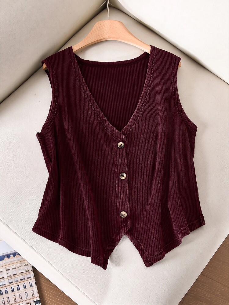 Story & Sage Atasan Tank Top Wanita Kasual untuk Liburan, Musim Semi/Panas, Motif Salju, Kancing Depan, Hitam - Burgundy - View 3