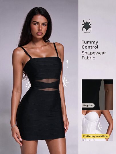 Nuvra Vestido sexy de fiesta ajustado con escote cuadrado, tirantes finos y diseño calado