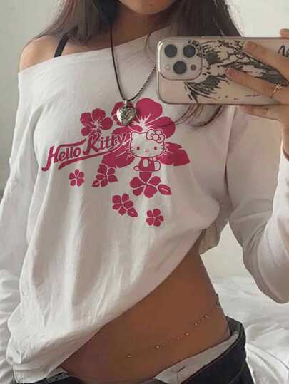 HELLO KITTY AND FRIENDS | SHEIN SHEIN EZwear Damen T-Shirt mit Buchstaben-Cartoon-Muster, asymmetrischer Schulter, lässig für den Alltag