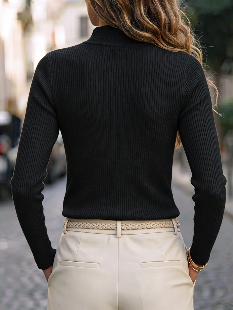 SHEIN New Chinese Style Stand Collar Ribbed Knit Top With Traditional Frog Buttons - Black - View 2