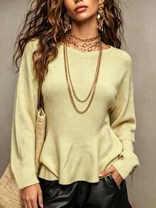 Omancia Women's Solid Color Casual Versatile Daily Long Sleeve Sweater - Khaki - View 3
