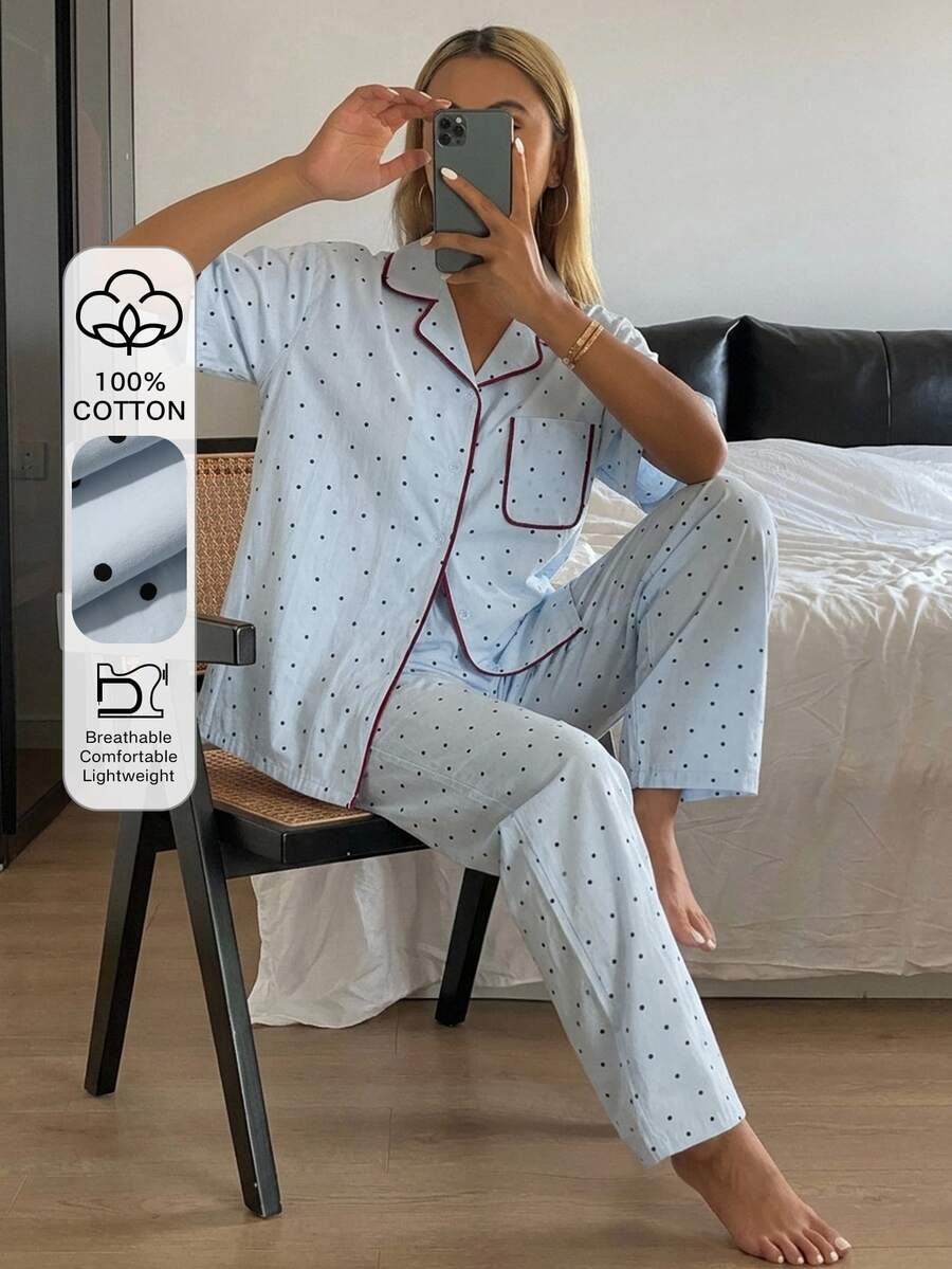 DAZY 2pcs/Set Women's Polka Dot All-Over Print Short Sleeve Cardigan Top & Straight Leg Long Pajama Pants Sleepwear Set - Blue - View 1