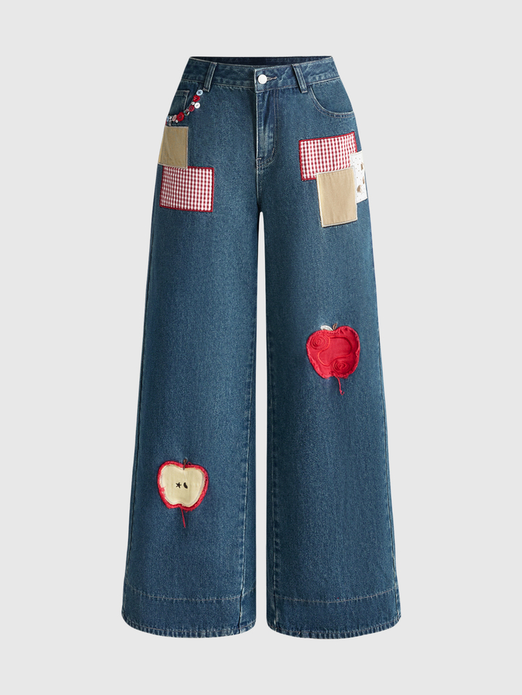 Sweetness Y2K Millennium Retro Plaid Apple Patch Embroidery Loose Casual Low Waist Women's Jeans - Medium Wash - View 1