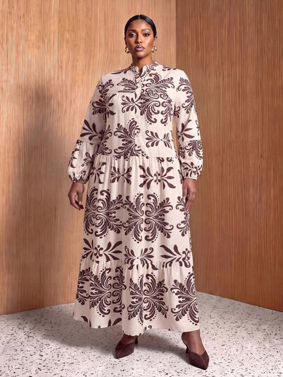 Zivah 2026 Autumn Women's Plus Size New Arrival Anniversary Graduation Season All-Match Versatile Cruise Travel Casual Comfortable Multi-Occasion Lightweight Fashion Plus Size Clothing V-Neck Shirt Collar Print Long Sleeve A-Line Puff Sleeve Patchwork Dress
