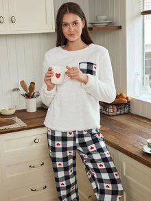 Doze Lane طقم ملابس منزلية من الصوف الناعم بنقشة مربعات أمريكية عتيقة - أبيض وأسود - مشاهدة 6
