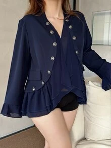 Vibekara Vintage Stand Collar Double-Breasted Short Jacket For Women, Flared Long Sleeve Asymmetrical Ruffle Hem Cinched Waist Sexy Jacket Fall - Navy Blue - View 8
