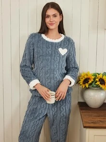 Doze Lane Five-Point Star Embroidered Contrast Color Autumn/Winter Plush Long Sleeve Long Pants Pajama Set - Dusty Blue - View 4