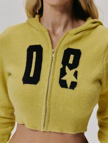 MUSERA Graphic Knitted Zip Through Cropped Hoodie Cute Daily Vintage Y2K Back To School Primary - Yellow - View 6