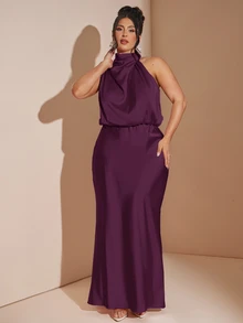 SHEIN BAE 大尺碼優雅百褶緞面魚尾裙襬晚禮服聖誕節 - 紫色 - 查看 6