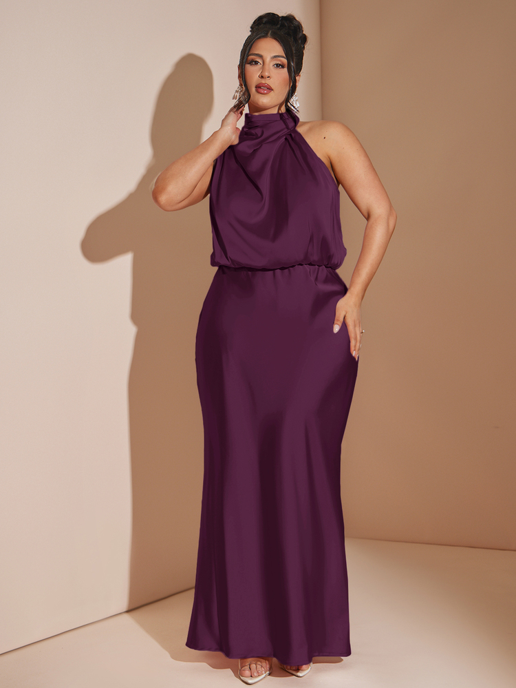 SHEIN BAE Plus Size Elegant Pleated Satin Mermaid Hem Evening Dress Christmas - Purple - View 6