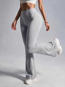 SHEIN Sports 女款素色高腰抓皺顯臀喇叭腿緊身褲 - 淺灰色 - 查看 3