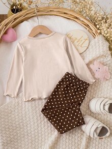 SHEIN 新生兒嬰兒蝴蝶結印花長袖上衣與波點長褲家居服 - 米色 - 查看 2