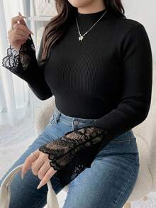 Dazy Plus Early Autumn New Korean Style Split Bell Sleeve Contrast Lace Sweater - Black - View 7