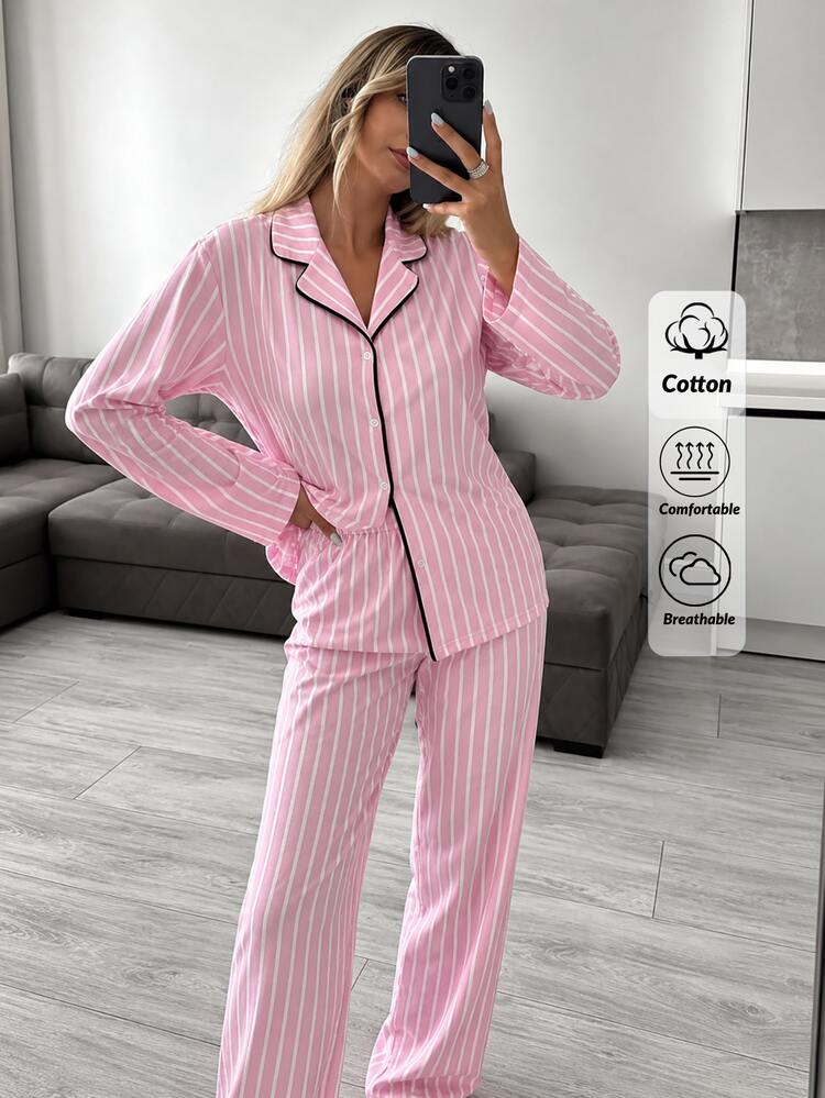 SHEIN طقم بيجامة كلاسيكي بأزرار أمامية باللونين الوردي والأبيض - ملابس علوية ناعم بأكمام طويلة & بنطال مريح بساق مستقيمة Lou - وردي - مشاهدة 8