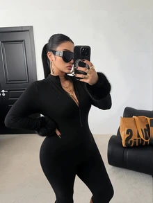 POPSWAY Plus Size Black Long Sleeve Long Pants Jumpsuit With Front Zipper, Waist-Cinching Slim Fit, Minimalist Solid Color Versatile Everyday Jumpsuit - Black - View 4