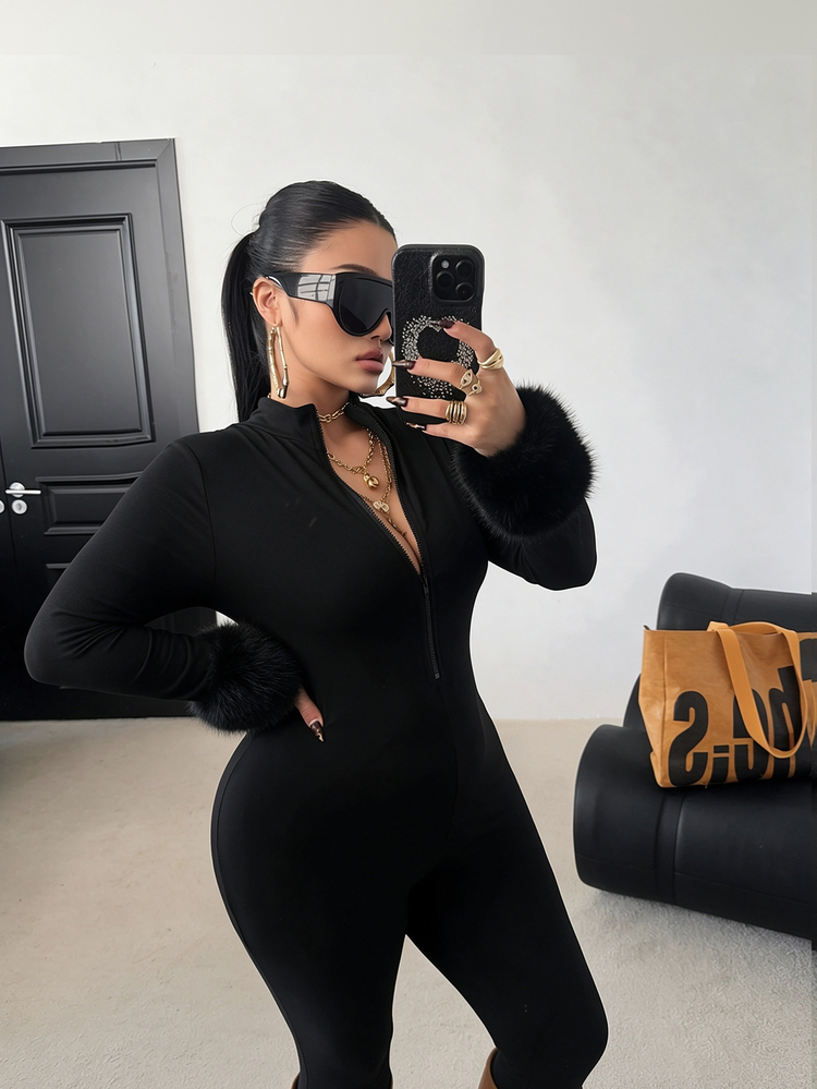 POPSWAY Plus Size Black Long Sleeve Long Pants Jumpsuit With Front Zipper, Waist-Cinching Slim Fit, Minimalist Solid Color Versatile Everyday Jumpsuit - Black - View 4
