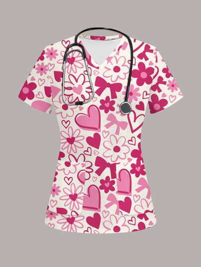 PopScrub Fun Heart Floral Bow Combination Pink Casual Women's Scrub Uniform Top