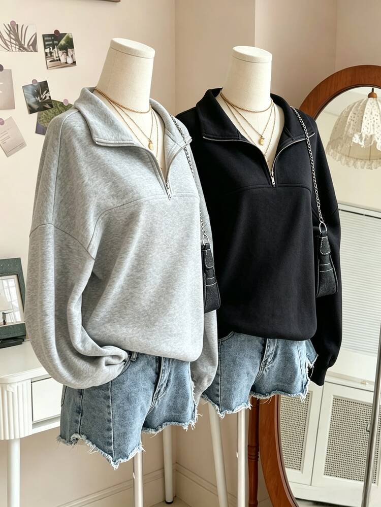SHEIN Unity 女款寬鬆版型開襟拉鍊領黑色與灰色兩件式套裝運動衫，秋/冬款套頭運動衫，適合返校、女性聚會、約會、工作、通勤、日常穿著、畢業季、畢業典禮、教師節、感恩節，必備通勤穿搭，女款運動衫 - 彩色 - 查看 3