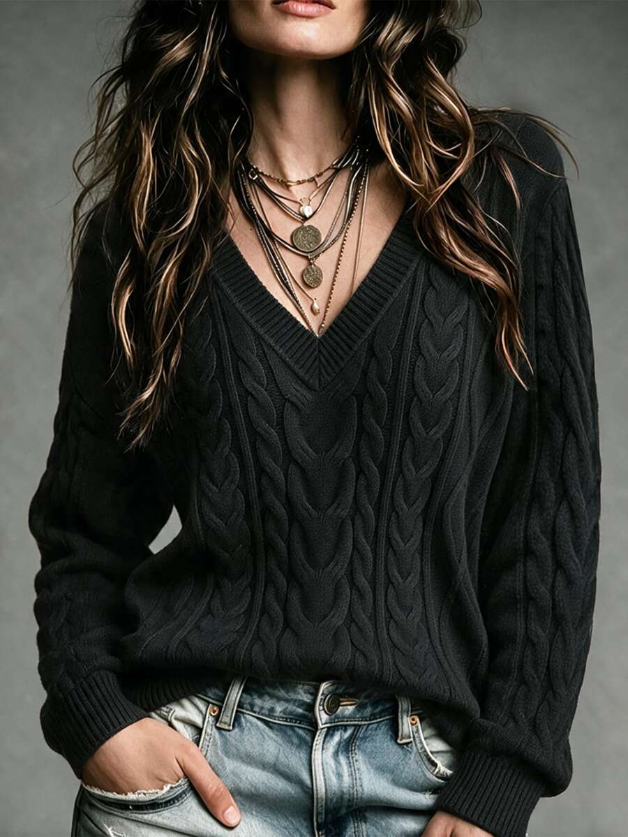 SHEIN 女款深棕色V領麻花編織針織毛衣,休閒長袖套頭衫 - 黑色 - 查看 1