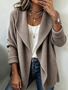 SHEIN Waterfall Collar Drop Shoulder Cardigan - Khaki - View 3
