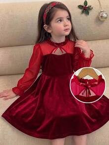 Young Girls Velvet Mesh Long Sleeve Dress, Bow Neck Cutout A-Line Flared Dress, Red Princess Party B - Red - View 5
