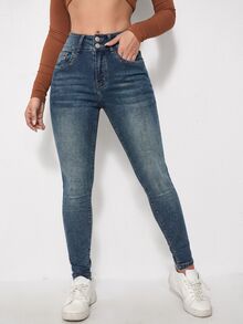 SHEIN Essnce 女款性感鈕扣口袋修身牛仔褲 - 深色水洗藍 - 查看 3