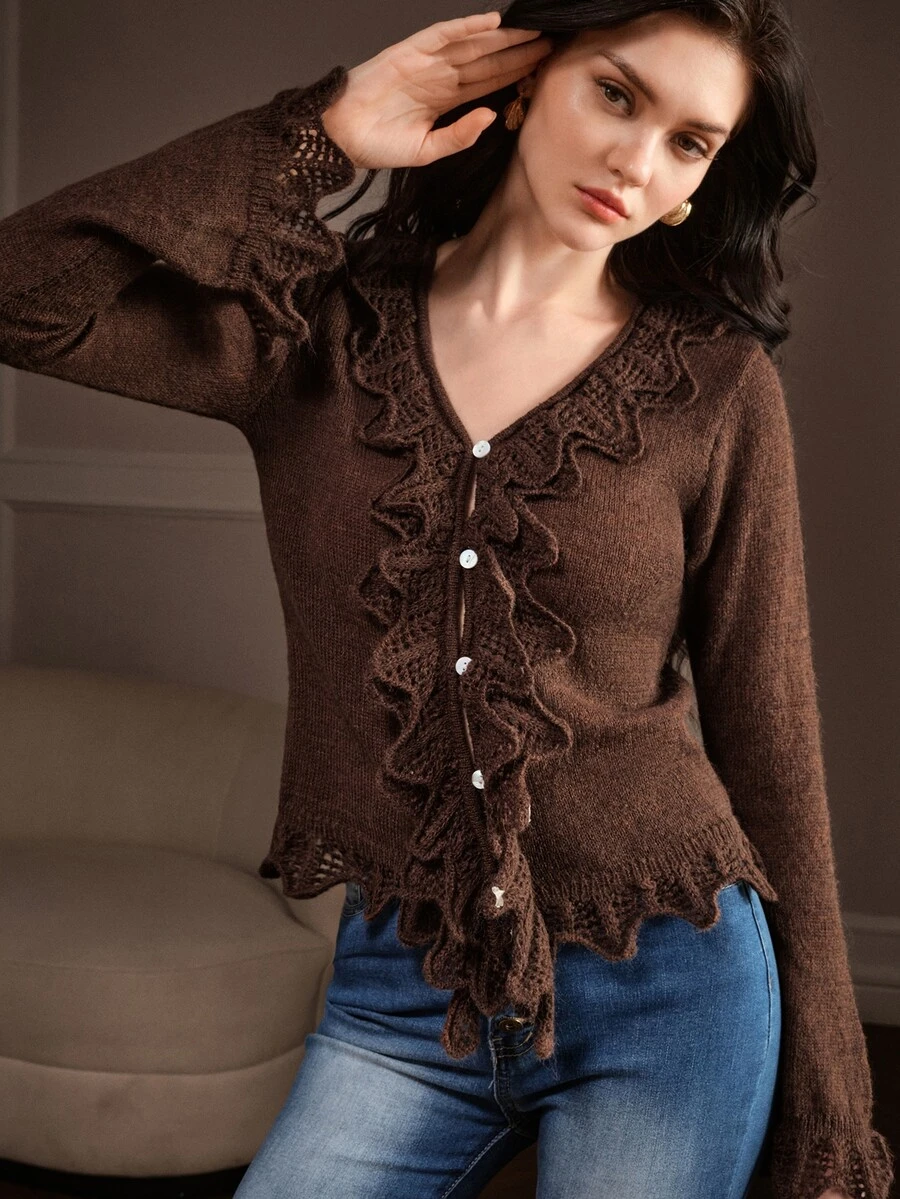 Anewsta Women's Brown Thin Comfortable Versatile Knit Cardigan Top For Vacation And Outings - Coffee Brown - View 1