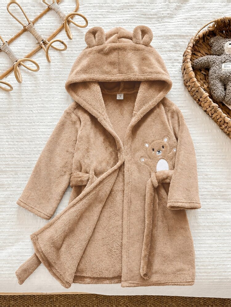 SHEIN Young Boy Knit Solid Kids Color Embroidered Hooded Casual Autumn Winter Cardigan Loungewear - Khaki - View 2