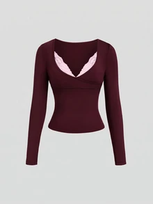 Sweetra Women's Lace Trim V-Neck Long Sleeve Solid Color T-Shirt And Flared Pants, Autumn Outfit, 2 Pieces Set - Burgundy - View 3