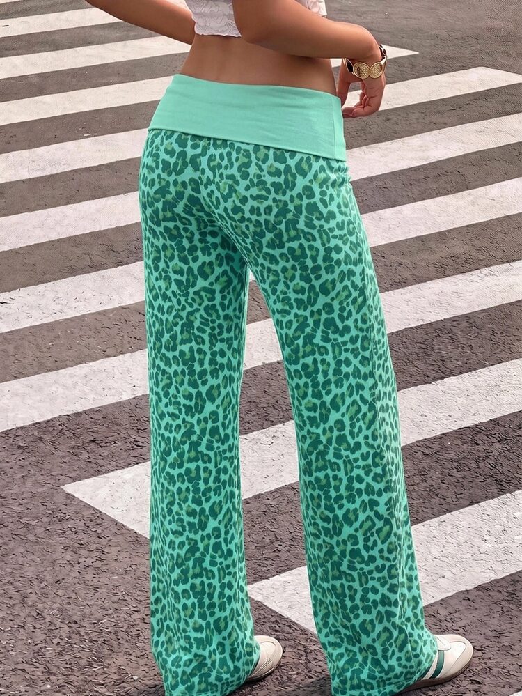 Muchica Women's Autumn Vintage Green Leopard Print Patchwork Contrast Color Casual Versatile Long Pants, Suitable For Daily Commute, Party, Autumn/Winter/Spring/Summer, Christmas, New Year, Thanksgiving, Wedding, Beach, Graduation Ceremony, Elegant, Outing, Date, Commute, Valentine's Day, Vacation, Y2K, Graduation Ceremony And Other Occasions. - Multicolor - View 2