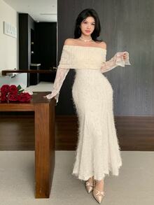 Feyla New French Design Lace Patchwork Square Neck 2-In-1 Effect Bodycon Mermaid Tail Elegant Evening Dress - Apricot - View 5