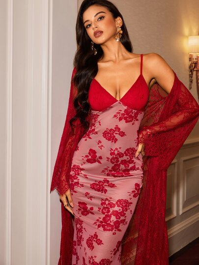 Slumberist Atmospheric Red Tulle Spaghetti Strap Long Dress Set For Women, V-Neck Fitted Mermaid Nightgown + Lace Trim Long Sleeve Robe, 2 Pieces Wedding Morning Shoot Home Sleepwear