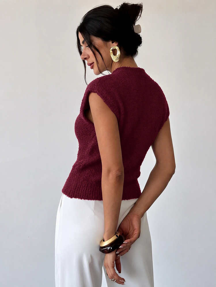 Firerie Elegant High Neck Loose Casual Versatile Sleeveless Knit Sweater - Burgundy - View 9