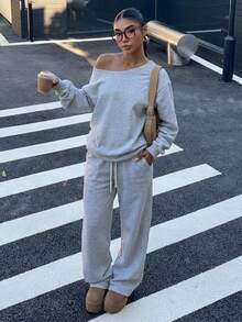 Muchica Autumn New Plus Size Women's Asymmetric Shoulder Plus Size Fluffy Fleece Elastic Loose Casual Sweatshirt And Sweatpants 2 Pieces Set - Light Grey - View 5