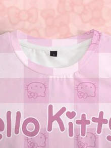 HELLO KITTY AND FRIENDS | SHEIN 女款格紋字母印花休閒日常短袖T恤 - 白色 - 查看 8