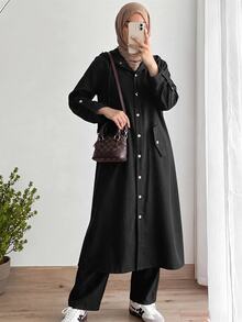 Solavon Women's Solid Color Front Button Hooded Jacket And Pants Arabic Outfit Set - Black - View 6