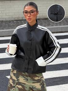 Muchica Women's Fall New Black And White Striped PU Frog Button Design Patchwork Webbing Casual Vintage Street Loose Jacket For Going Out Everyday Daytime - Black - View 1
