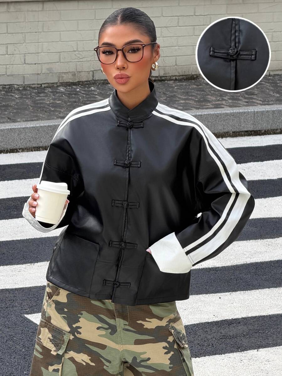 Muchica Women's Fall New Black And White Striped PU Frog Button Design Patchwork Webbing Casual Vintage Street Loose Jacket For Going Out Everyday Daytime - Black - View 1