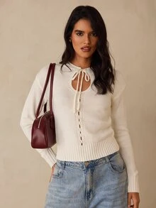 SHEIN Glamour كنزة نسائية بلون موحد كاجوال متعددة الاستخدامات يومية بأكمام طويلة - أبيض - مشاهدة 6